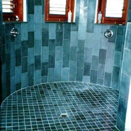 Variegated 6" X 12"  blue wall tile and 3" floor tile
