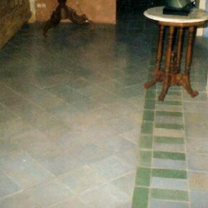 8" grey blue floor tile, cut green and blue pieces for edging