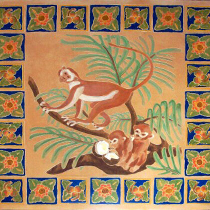 Large hand painted and carved monkey tile
