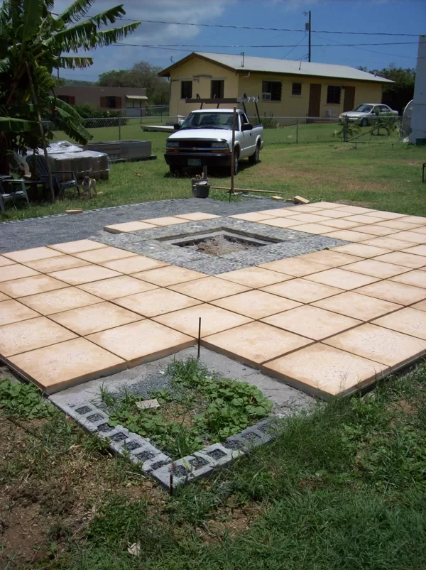 Fire pit in middle, planter in corner