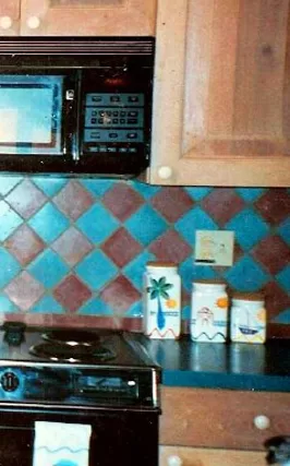 Green and purple 4" tile backsplash