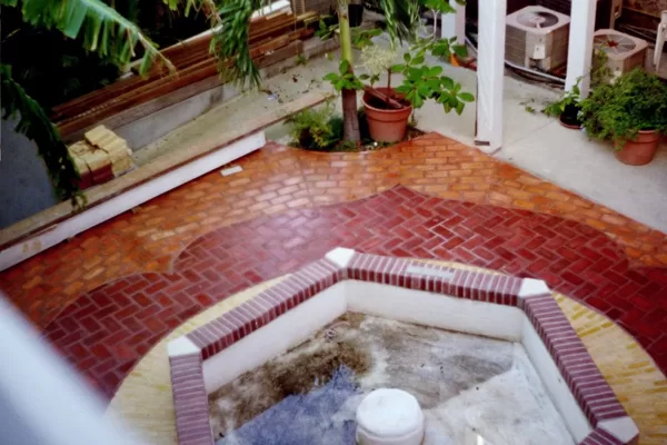 Brick around fountain on patio