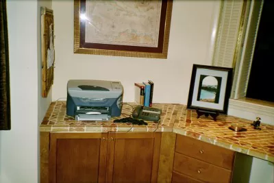 Desk top inlaid with pieces of old brick