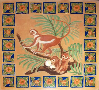 Large hand painted and carved monkey tile